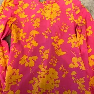 Vibrant Pink and Orange Mockneck Floral Blouse